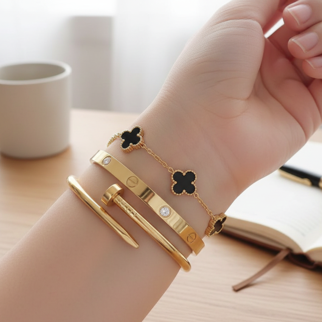 3 PC Stainless Steel Bangle Set for Women: Elegant Gold-Tone Stackable Jewelry.