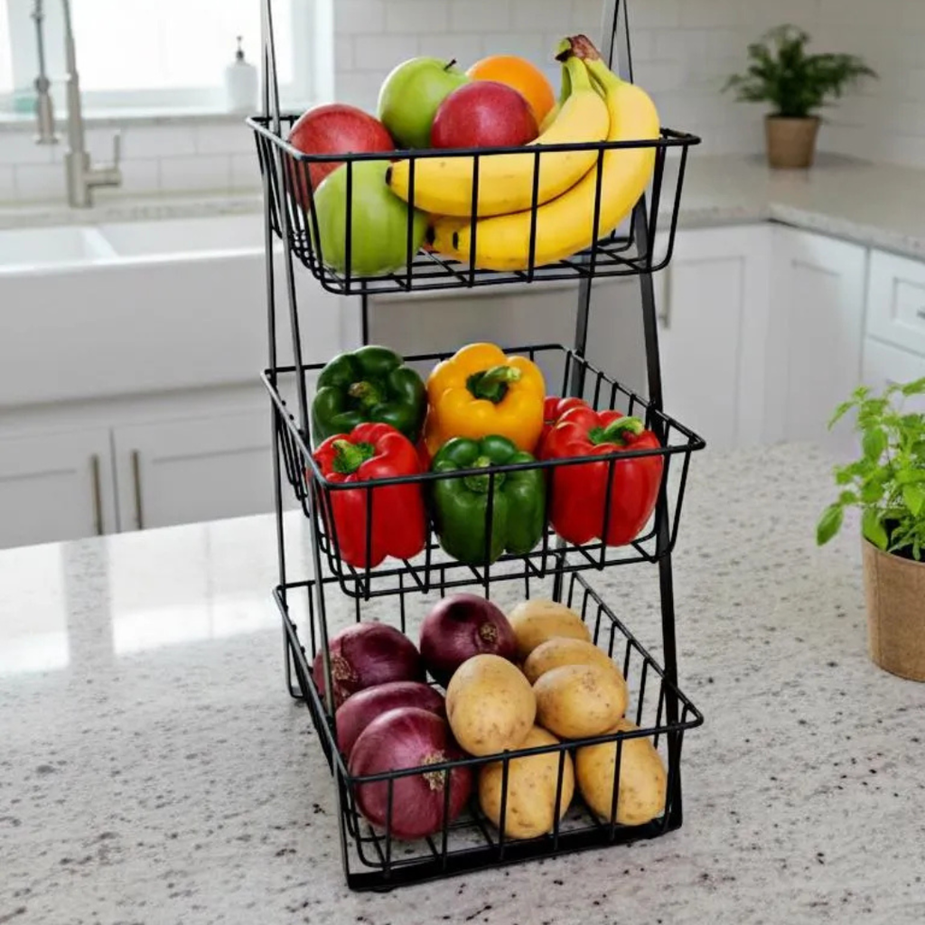3-Tier Black Stainless Steel Fruit Basket for Kitchen