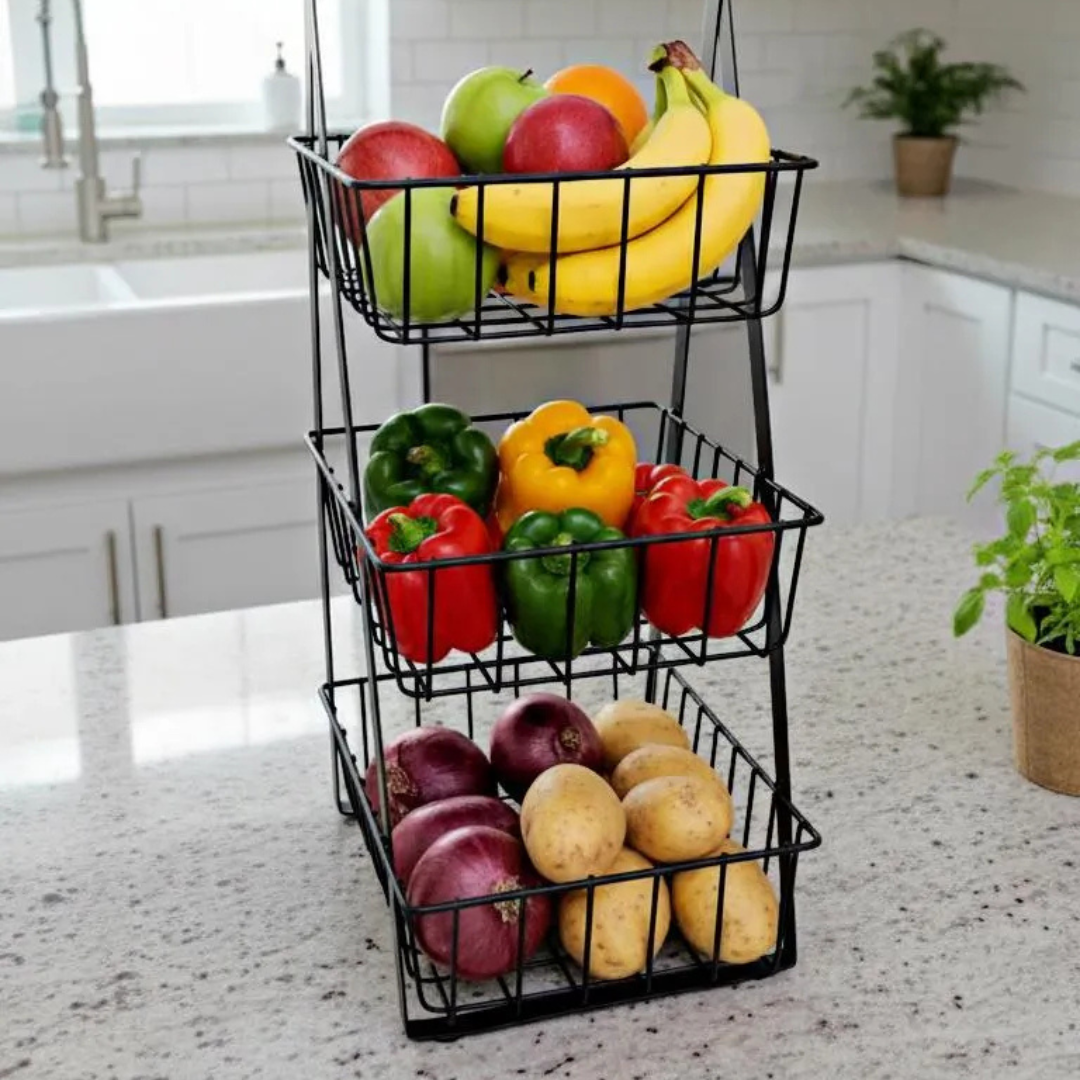 3-Tier Black Stainless Steel Fruit Basket for Kitchen