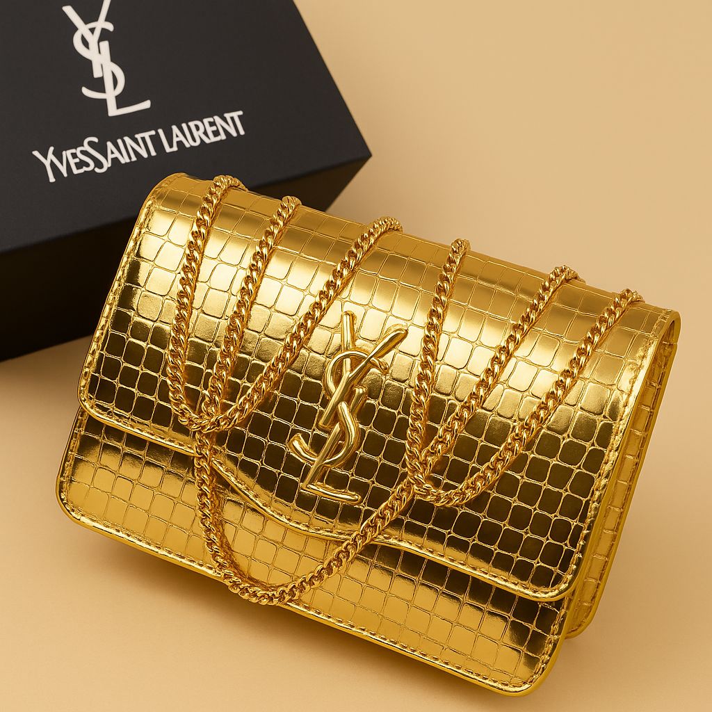 Premium Croc-Embossed Vegan Leather Crossbody Bag with Elegant Gold-Tone Chain Strap and Iconic Signature Hardware