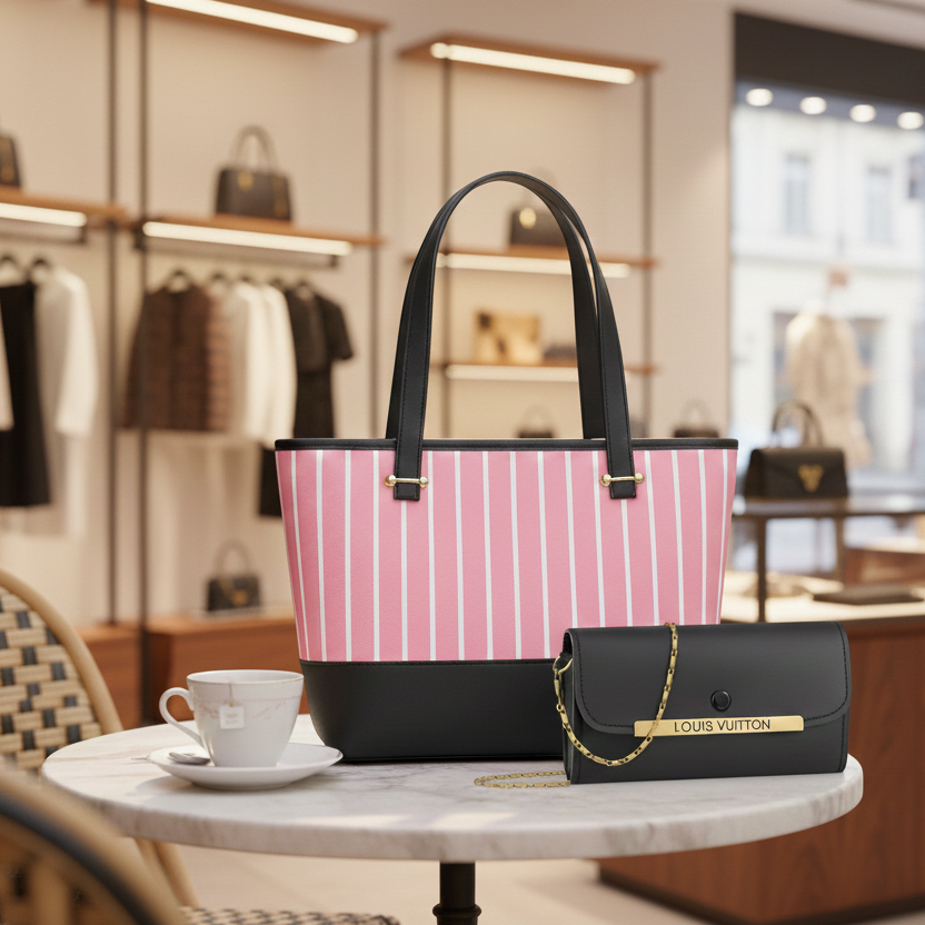 Elegant 2-Piece Women's Handbag Set: Chic Pink Striped Tot