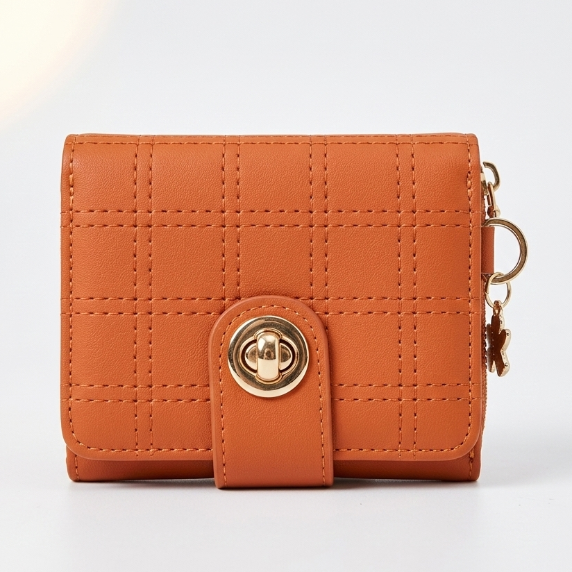 Stylish Compact Check Pattern PU Leather Wallet with Metal Button Closure