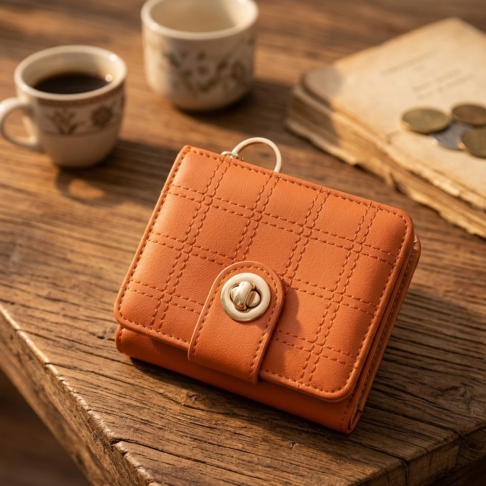 Stylish Compact Check Pattern PU Leather Wallet with Metal Button Closure