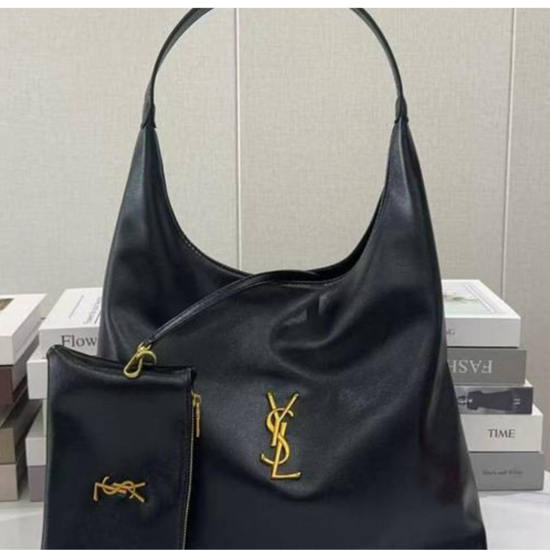 Luxury YSL Imported Tote Bag (Large Capacity) – High-Quality Black Leather Shoulder Bag with Pouch