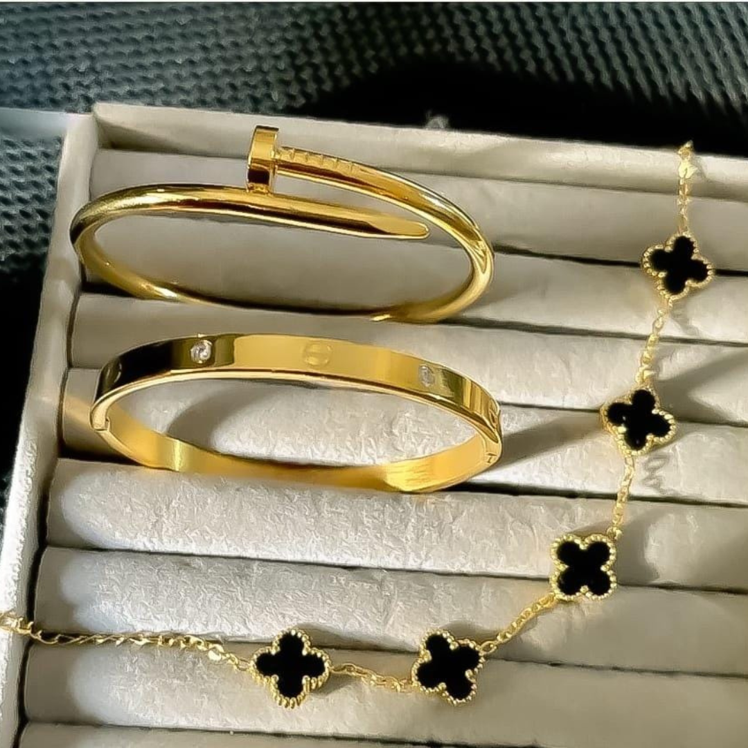 3 PC Stainless Steel Bangle Set for Women: Elegant Gold-Tone Stackable Jewelry.