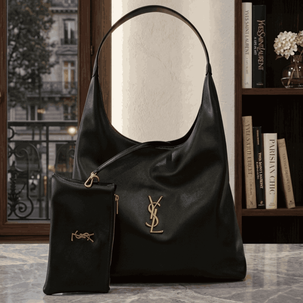 Luxury YSL Imported Tote Bag (Large Capacity) – High-Quality Black Leather Shoulder Bag with Pouch
