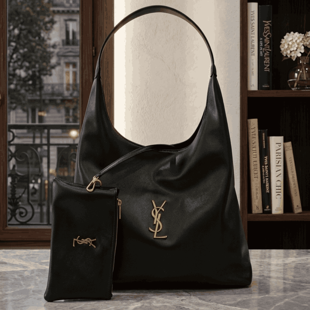 Luxury YSL Imported Tote Bag (Large Capacity) – High-Quality Black Leather Shoulder Bag with Pouch