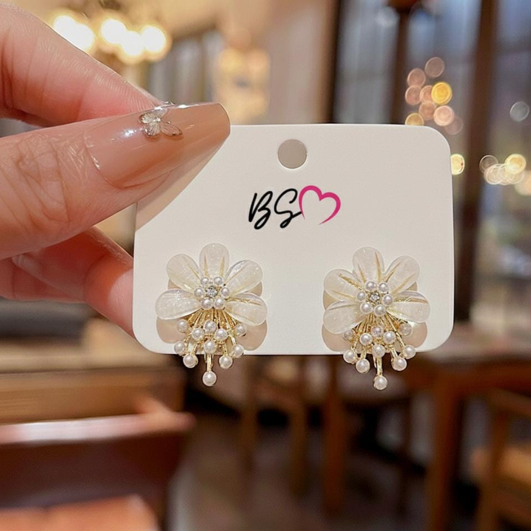 ZJX-162 Flower Pearl Korean Earrings- Golden