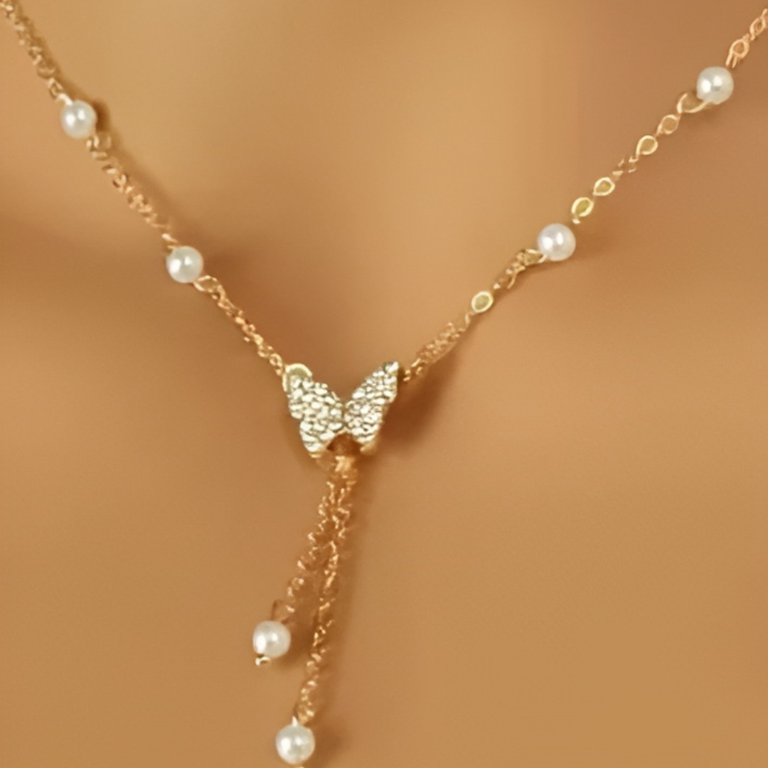 Gold Butterfly Pearl Choker Necklace for Women Girls Butterfly Pendent